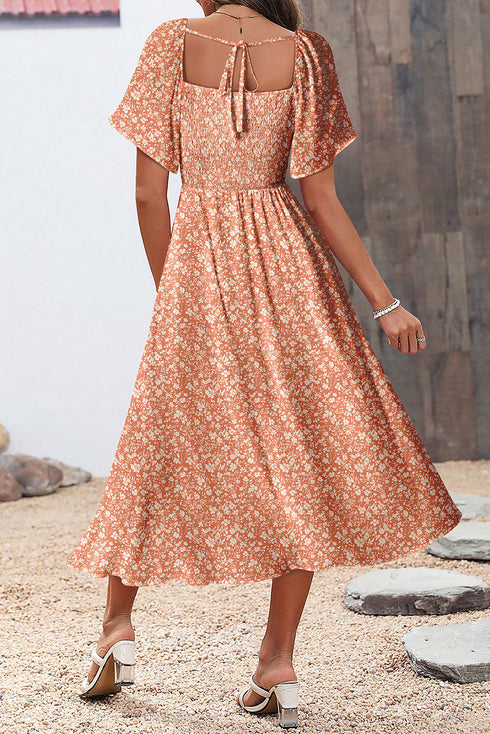 Pink Floral Print Button Smocked Bodice Long Dress