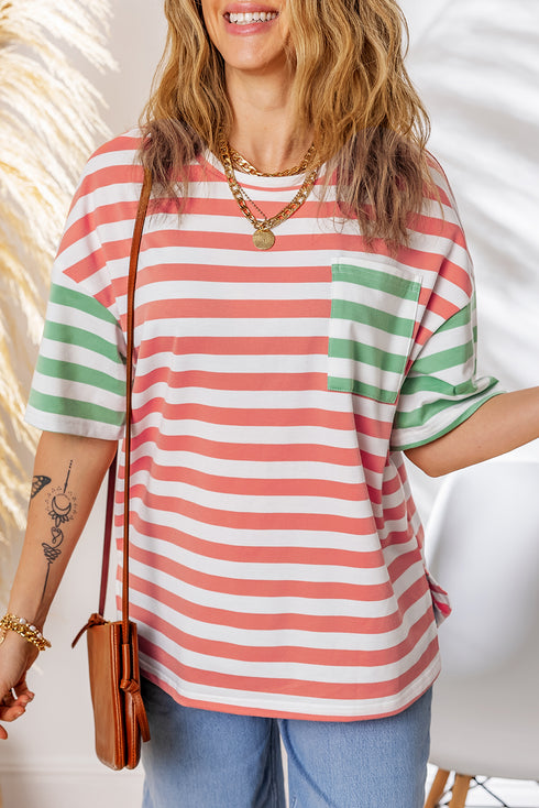 Pink Stripe Drop Shoulder Casual T Shirt