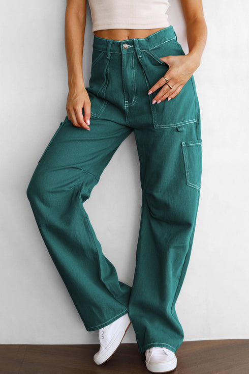 Green High Waist Straight Leg Cargo Pants with Pockets