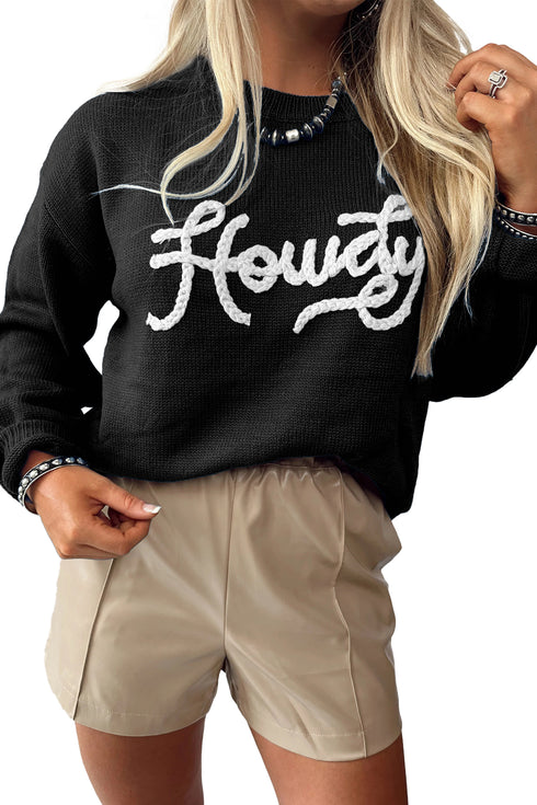 Black Howdy Embroidered Graphic Western Sweater