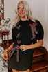 Black Plaid Lace up Detail Christmas Holiday Puff Short Sleeve Sweater
