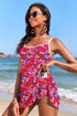 Rose Floral Print Ricrac Trim Spaghetti Strap One Piece Swim Dress