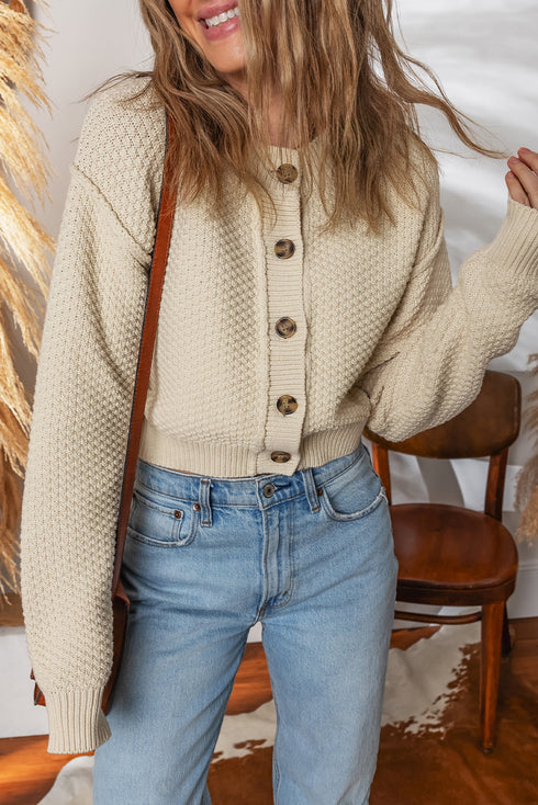 Beige Button Front Cropped Cardigan Sweater