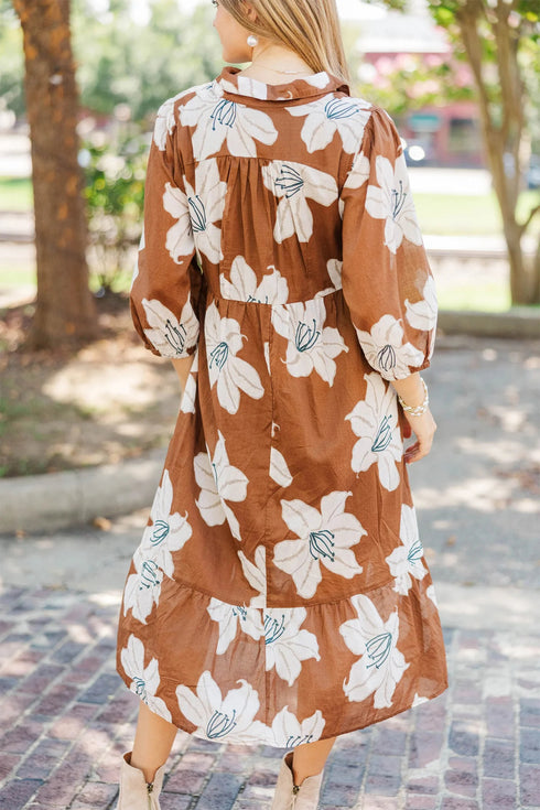 Brown Floral Print Shirt Collar V Neck 3/4 Sleeve Shift Midi Dress