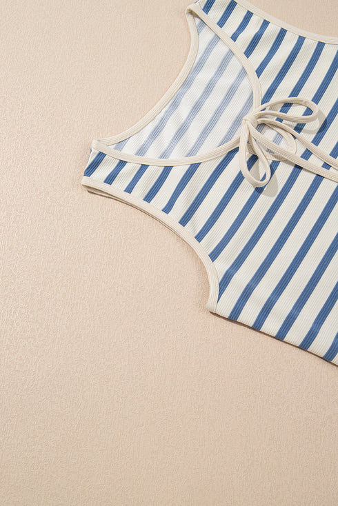 Sky Blue Stripe Tie V Neck Sleeveless Side Slit Midi Dress