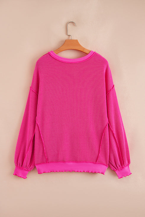 Strawberry Pink Twisted Ribbed Color Block Father Christmas Patched Graphic Long Sleeve Top