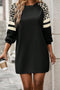 Black Leopard Print Patchwork Varsity Raglan Sleeve Sweatshirt Dress