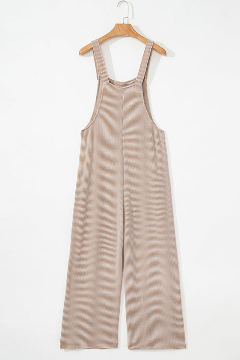 Parchment Ribbed Knit Patched Pocket Wide Leg Overalls
