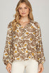 Khaki Abstract Floral Print Ruffle Hem Long Sleeve Shirt