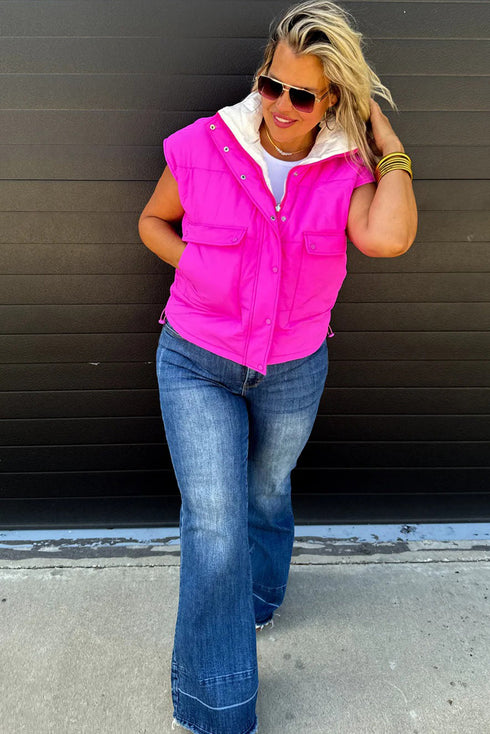 White Color Block Liner Patchwork Snap Button Zip Up Winter Vest