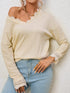 Apricot Ribbed Texture Lace Trim V Neck Long Sleeve Top