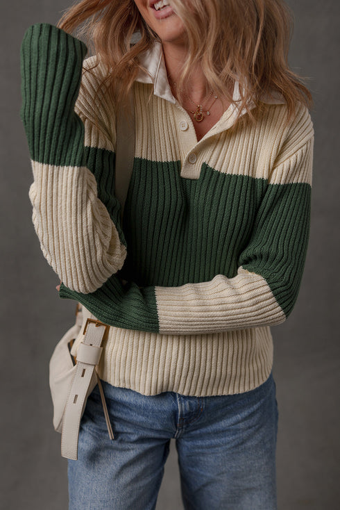 Blackish Green Ribbed Color Block Knit Shirt Collar Patchwork Slim Sweater
