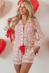 Red Romantic Bow Heart Print Contrast Ribbon Knot Short 2pcs Pajama Set