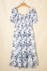 Sky Blue Smocked Bodice Short Puff Sleeve Tiered Floral Midi Dress