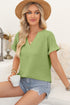 Grass Green Textured Wide Sleeve V Neck T Shirt