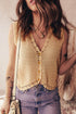 Pale Khaki Hollow out Trim Buttoned Front Boho Sweater Vest