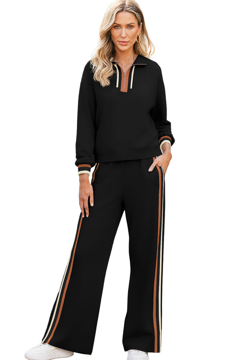 Black Striped Patchwork Quarter Zip Pullover Loose Pant Set