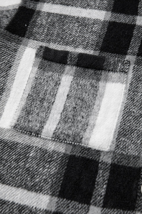 Gray Plaid Color Block Buttoned Long Sleeve Jacket with Pocket