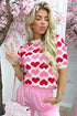 Sachet Pink 2-tone Heart Print Valentine Crew Neck Short Sleeve Sweater