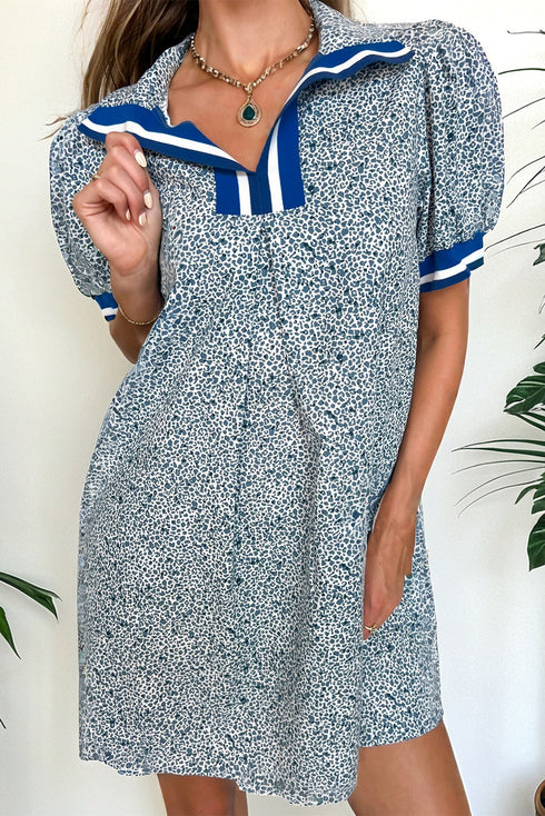Blue Leopard Print Contrast Striped Trim Polo Collar Short Sleeve Dress with Pockets