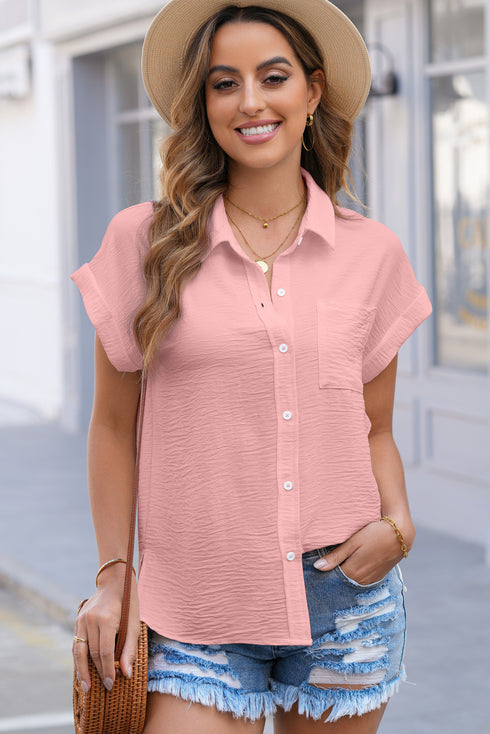 Pink Solid Color Cuffed Short Sleeve Shirt