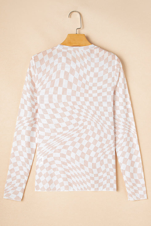 Khaki Checkered Pattern Mesh Mock Neck Long Sleeve Top