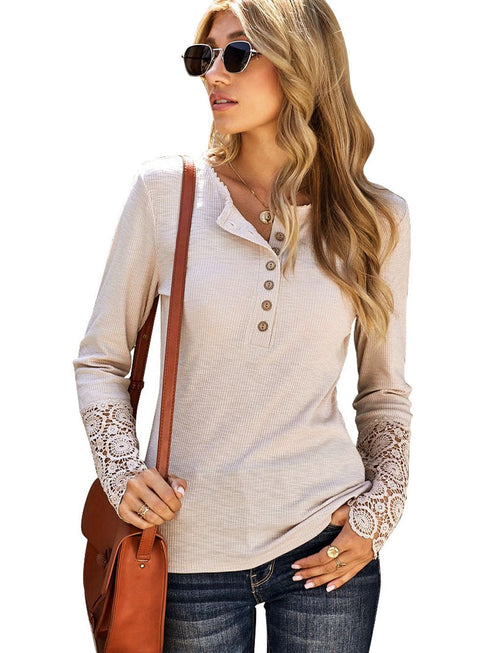beige-crochet-lace-hem-sleeve-button-top