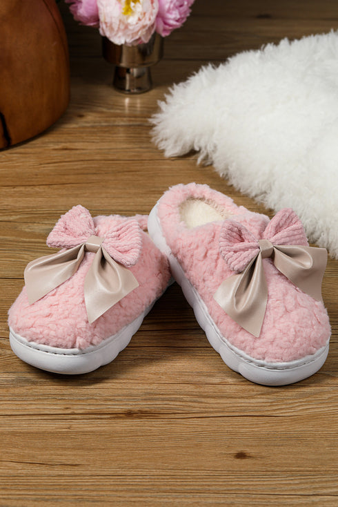 Pink Contrast Bowknot Applique Plush Winter Slippers (Bow Colors May Differ by Batch)