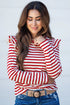 Red Stripe Round Neck Ruffle Trim Long Sleeve Top