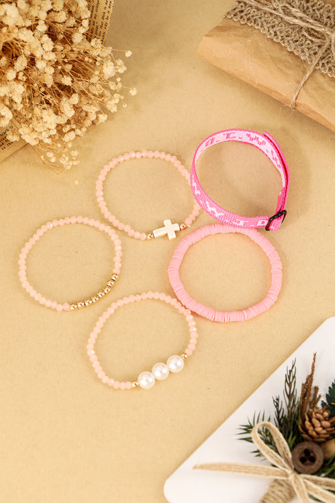 Pink WWJD Faith Prompt Mix Beading 5pcs Bracelet Set