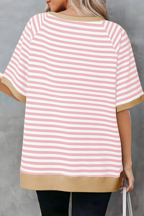 Apricot Stripe Contrast Ribbed Patchwork Oversize T Shirt