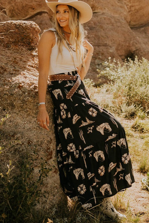 black-western-print-tiered-ruffled-high-waist-maxi-skirt