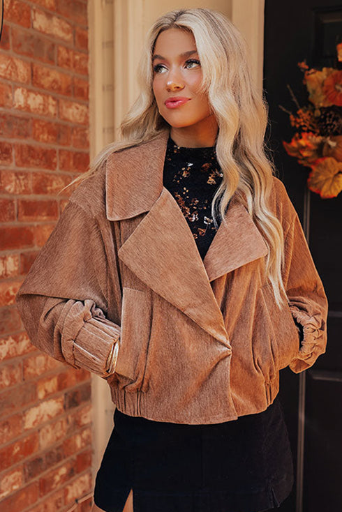 Chestnut Lapel Collar Pocketed Velvet Jacket