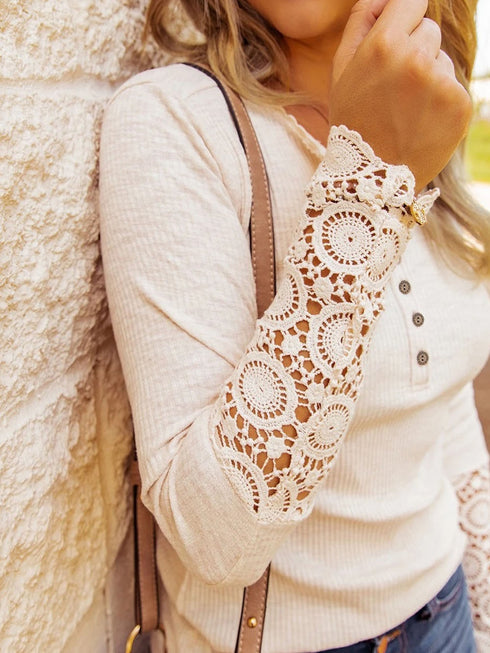 beige-crochet-lace-hem-sleeve-button-top