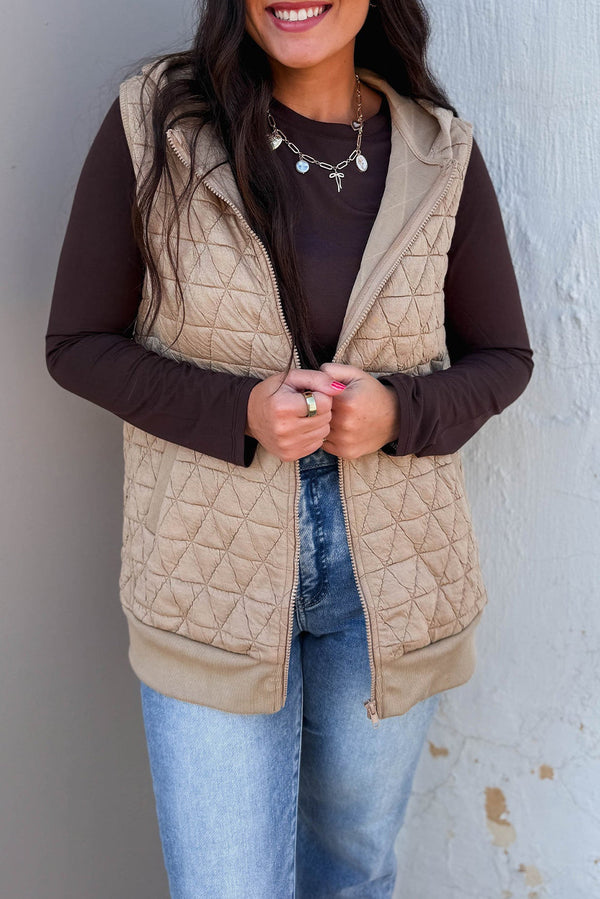 Parchment Quilted Texture Zip Up Hooded Vest