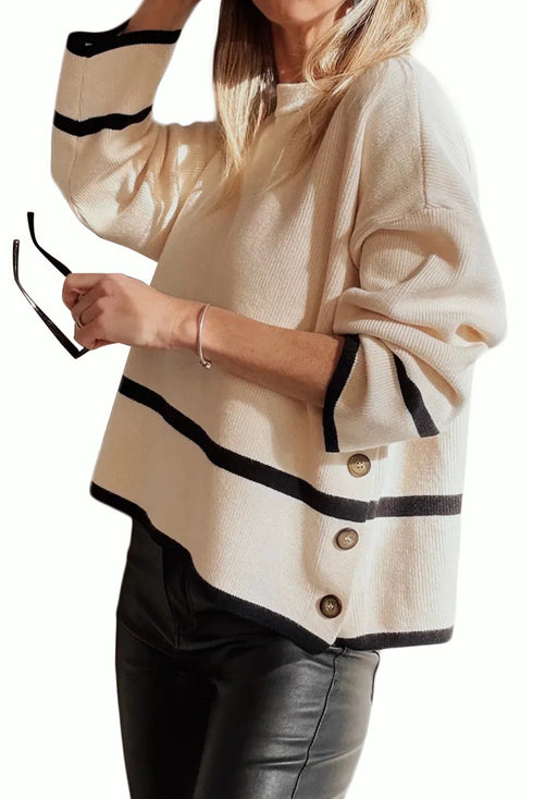 Beige Ribbed Knit Contrasted Stripe Detail Button Side Loose Sweater