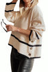 Beige Ribbed Knit Contrasted Stripe Detail Button Side Loose Sweater