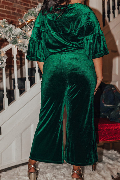 Blackish Green Plus Size Ruffled Half Sleeve Drawstring Pants 2pcs Velvet Outfit