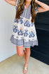 Blue Boho Western Floral Printed Split Neck Ruffled Sleeve Mini Dress