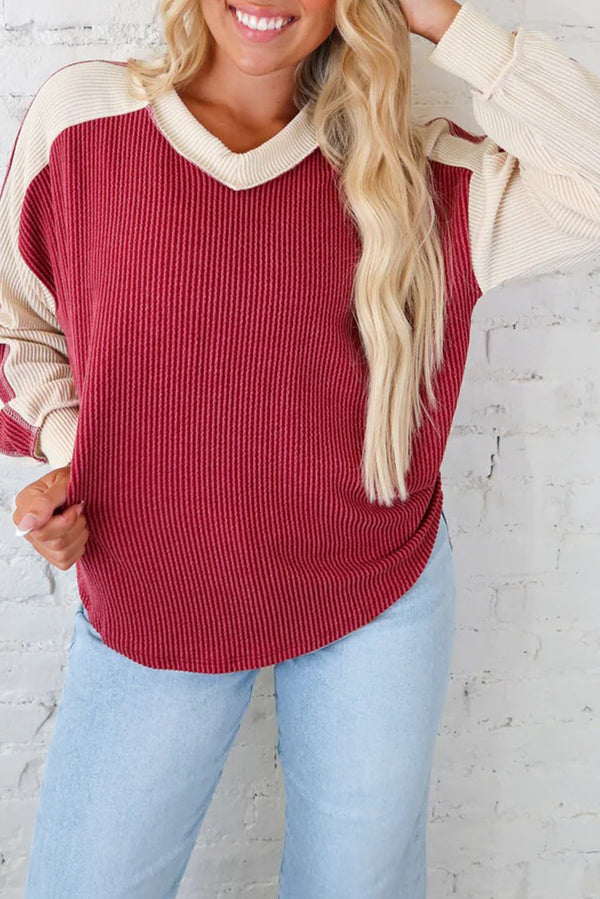 Racing Red Twisted Ribbed Color Block Patchwork Long Sleeve Top