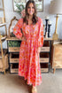 Pink Floral Long Sleeve Tassel Tied V Neck Maxi Dress
