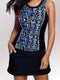 black-geometric-print-sleeveless-zipper-racer-back-pocket-tankini-set