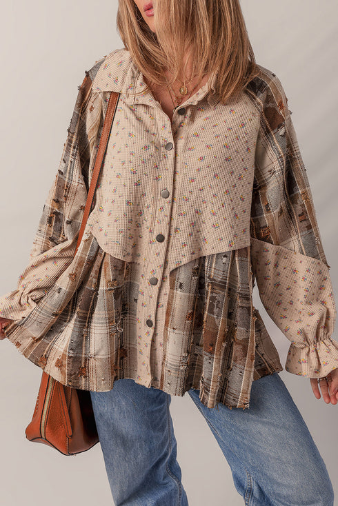 Oatmeal Boho Floral Plaid Patchwork Distressed Detail Ruffled Sleeve Waffle Knit Shacket