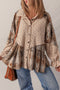 Oatmeal Boho Floral Plaid Patchwork Distressed Detail Ruffled Sleeve Waffle Knit Shacket