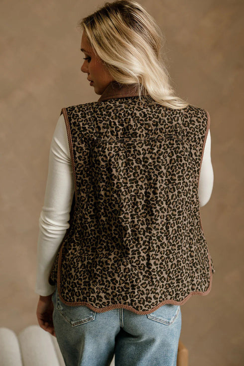 Khaki Stitched Leopard Print Corduroy Trim Contrast Collar Patchwork Vest