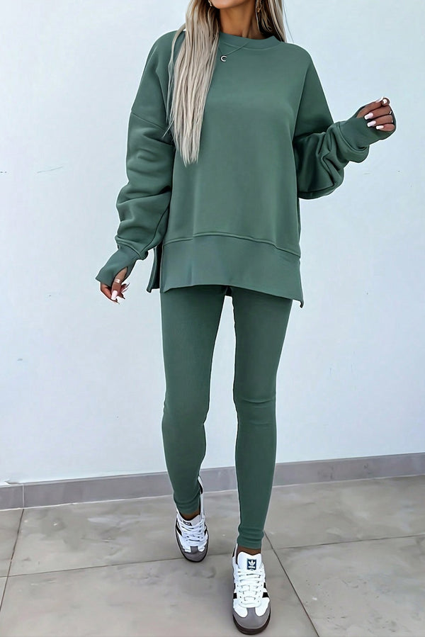 Green Bay Solid Color Oversize Slit Sweatshirt Ribbed Leggings 2pcs Set