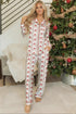 White Women's Christmas Santa Print Long Sleeve Pajama Set Button Down Loungewear Sleepwear