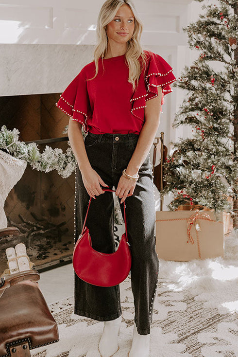 Racing Red Pearl Embellished Double Ruffle Short Sleeve Sweater