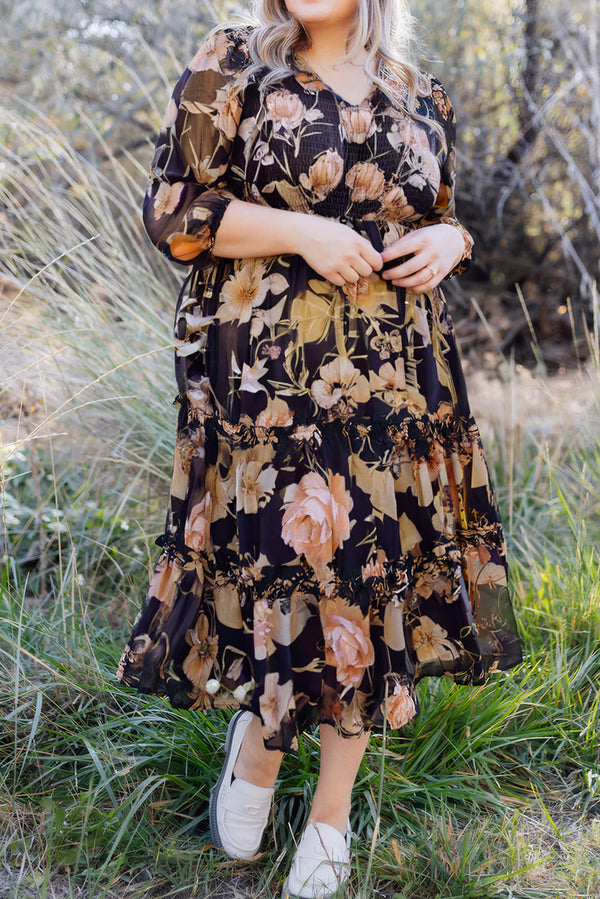 Black Floral Smocked Bust 3/4 Sleeve Tiered Ruffle Plus Size Long Dress