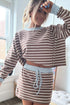 Brown Stripe Contrast Webbing Patchwork Cropped Long Sleeve Top Drawstring Mini Skirt Set
